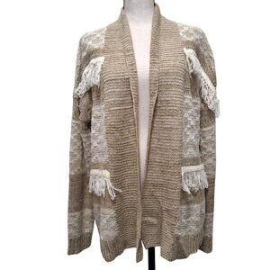 Natural‎ Reflections Beige & Cream Open Front Fringe Cardigan Sweater L Boho